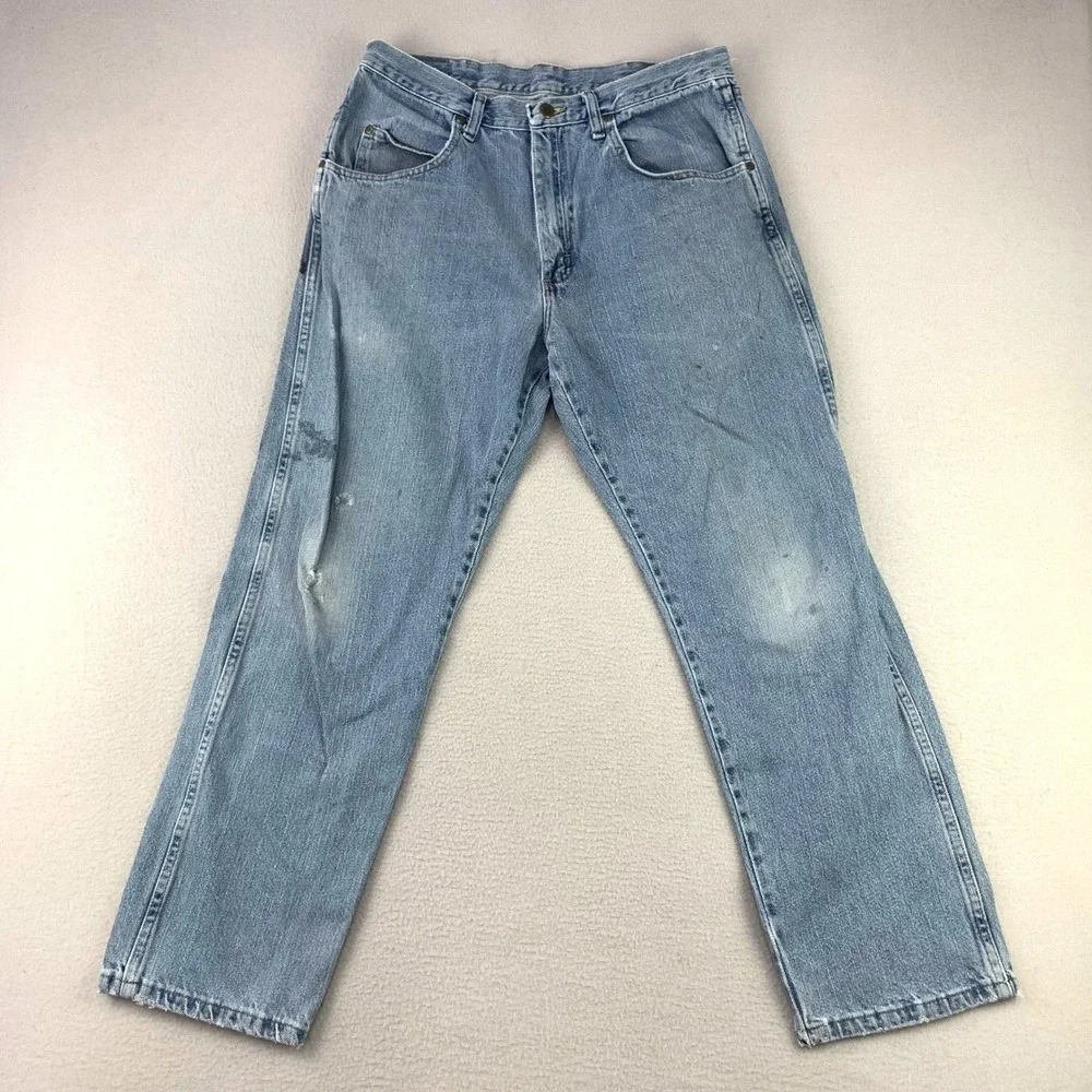 Thrashed Wrangler Jeans Mens 35x30 Blue Straight Leg Distressed Denim Workwear